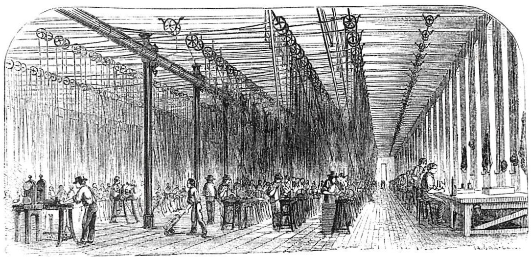 Drawing: The second floor of Colt’s East Armory, showing dozens of machine tools and operators, powered by overhead pulley, belts, and shafting. 