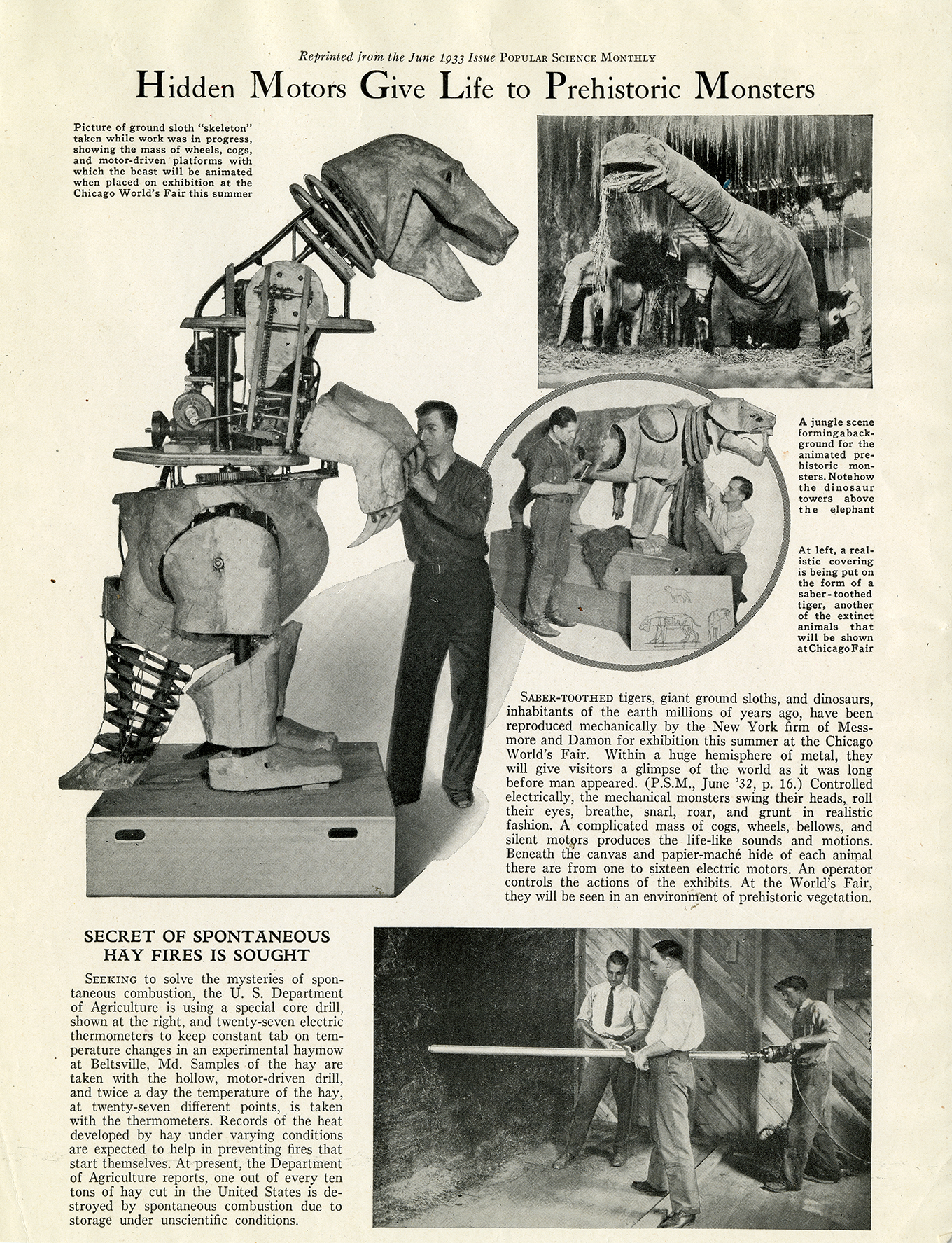 1933 Popular Science Monthly article featuring robotic dinosaurs.