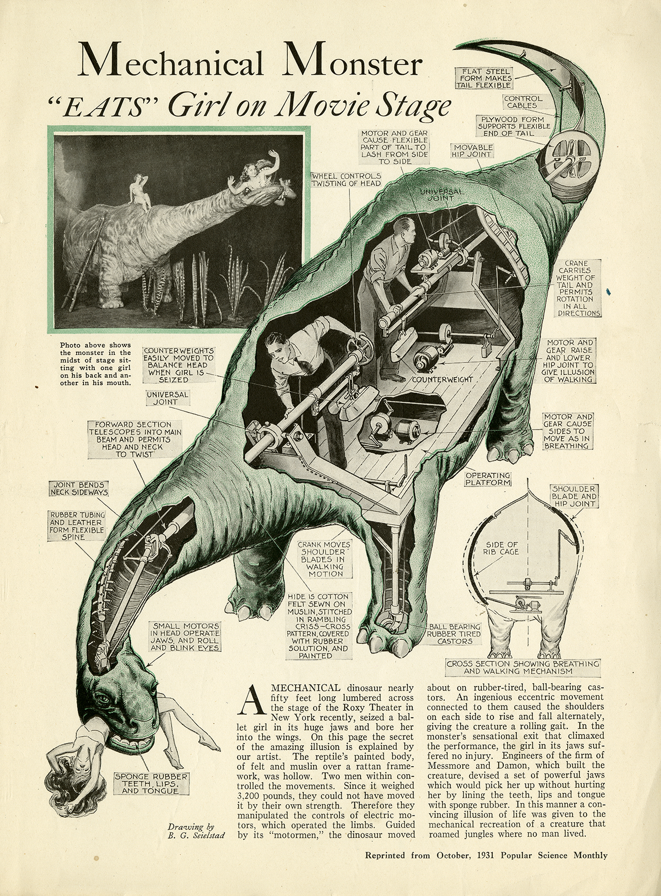 1931 Popular Science Monthly article with title Mechanical Monster Eats Girl on Movie Stage