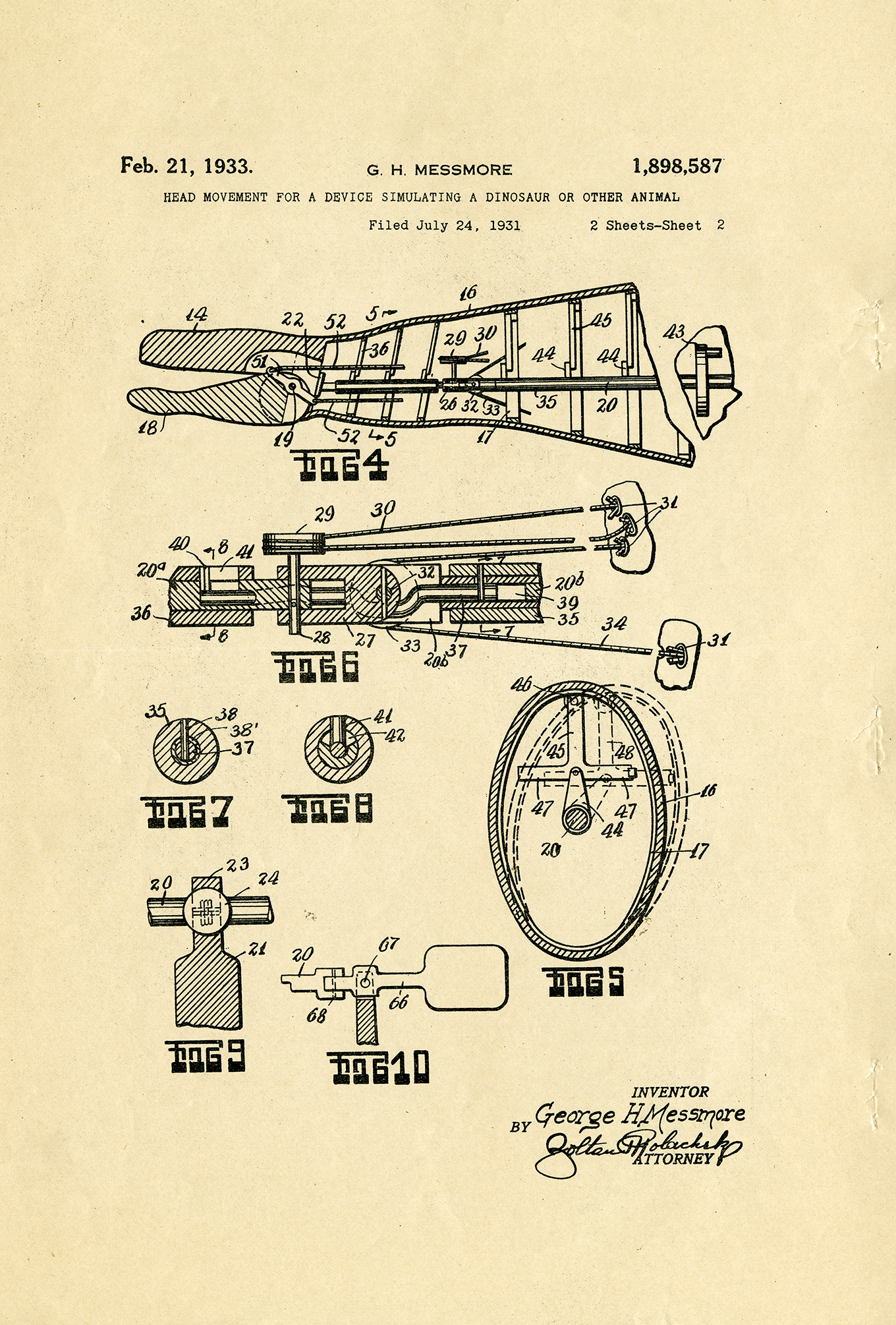 Drawing for US Patent 1,898,587, Head Movement for a Device Simulating a Dinosaur or Other Animal, 21 February 1933