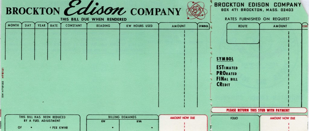 Brockton Edison Company electric bill, circa 1956.
