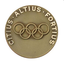 Medal featuring the Olympic rings and motto: Citius, Altius, Fortius