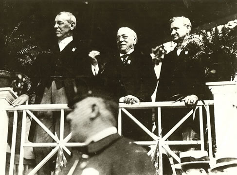 President Woodrow Wilson (Left) with American Federation of Labor founder and long-time president, Samuel Gompers (Center), and DOL Secretary William B Wilson at an undated Labor Day Rally.