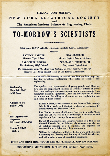 To-Morrow's Scientists flyer for a meeting of the New York Electrical Society and the American Institute Science and Engineering Clubs on Wednesday 28 May 1941. Speakers: Patrick Carner, Roy Gluber, Baruch Blumberg, William Diefenbach.