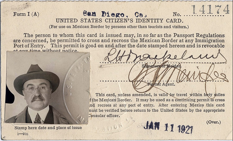 Passport-style photo of Baekeland pasted onto identity card allowing multiple crossings of the Mexican border