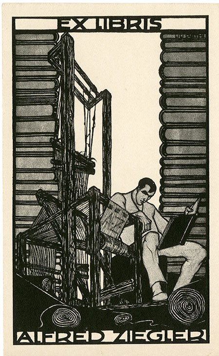 Wiener Werkstätte-style black-and-white drawing of a man reading a large book, sitting next to a loom, with stacks of oversize books on either side of him.