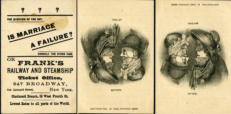 Trade card, Frank's Railway and Steamship of New York City, "Is marriage a failure?" 1888