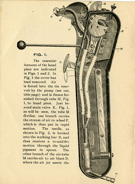 A technical drawing of the inner workings of an air brush, with explanatory text