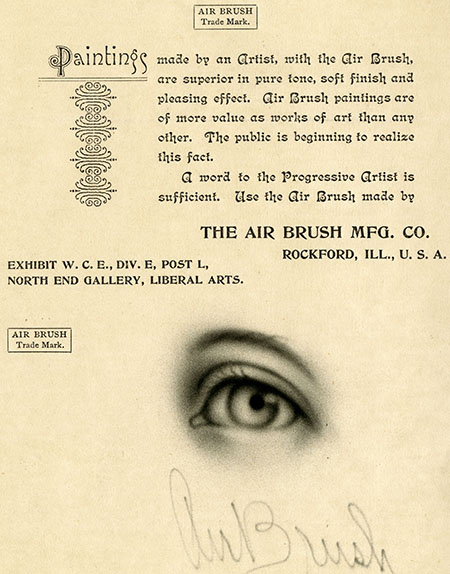 A page from a pamphlet with text about air brushing for painting and an illustration of an air-brushed eye.