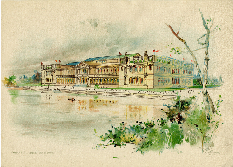 A lithograph of a watercolor painting of the Woman’s Building at the World’s Columbian Exposition held in Chicago in 1893. The building is longer than it is wide, has two stories, a glass atrium roof, a colonnade on the first story, and observation decks atop the second story at each end. A pond with steps up to the promenade in front of the building sits in front of the building. Some vegetation and two mostly-bare slim tree trunks are visible in the right foreground.