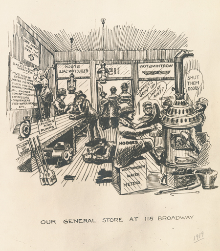 Cartoon drawing of men sitting around an old-time general store. Most of them are named and there are signs on some of the objects. For example, one man sits on a box labeled Worthington Water Meters.