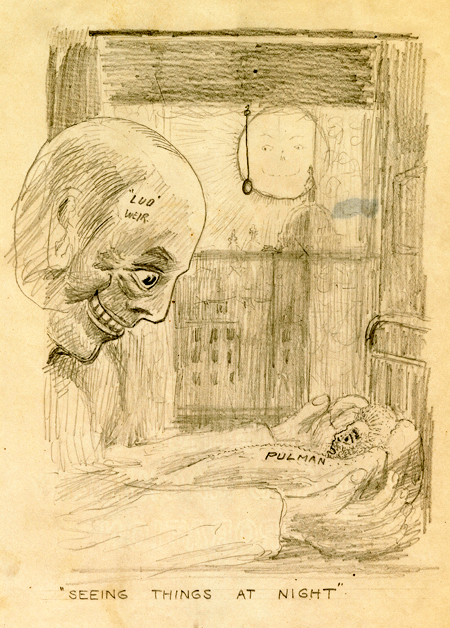 Drawing depicting an oversized man with a skull-like face gripping a small, frightened man in his bed.