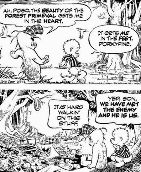 Two panels from the cartoon strip Pogo showing a forest covered in trash