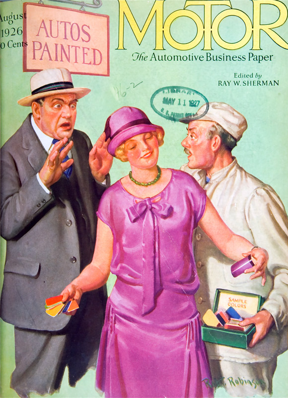 Cover of Motor magazine illustrated with a woman choosing car paint colors while 2 shocked men look on.