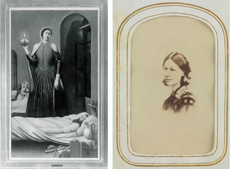 Composite image of engraving of Nightingale with lamp and a photo of Nightingale