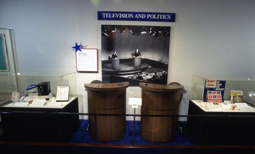 Photograph of podiums and chairs used at the 1976 debates, from the 1996 We Tthe People exhibition at NMAH. 