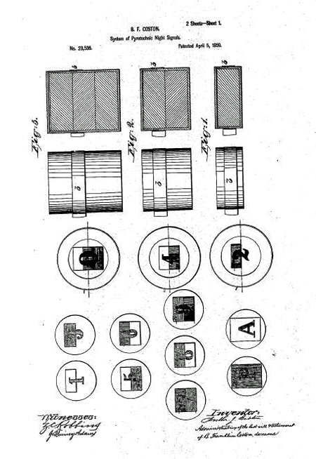 Figures from Martha Coston's 1859 US Patent 23,356 for pyrotechnic night signals