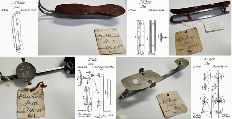 Composite image of 4 different ice skate patent models with the drawings from their patents.
