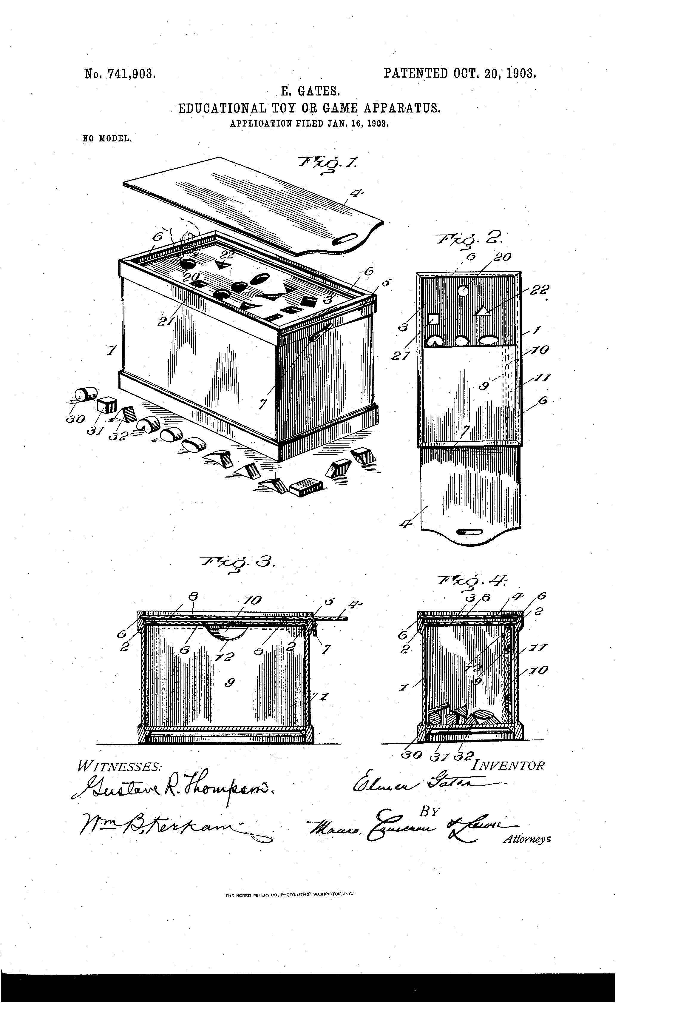 Patent drawing (US patent 741,903), educational toy or game apparatus, October 20, 1903.