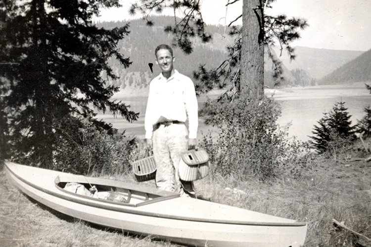 Leonard Karr with his kayak, Outdoor Photograph Album, circa 1937-1938.