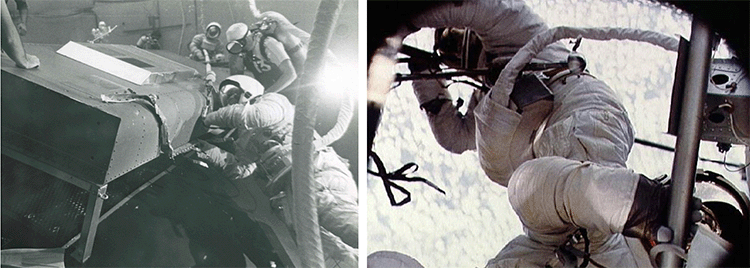 Black and white images side by side, the first shows an underwater crew of people in scuba gear working on Skylab repairs underwater in a tank. The second photo is of one astronaut in space working on repairs to Skylab.
