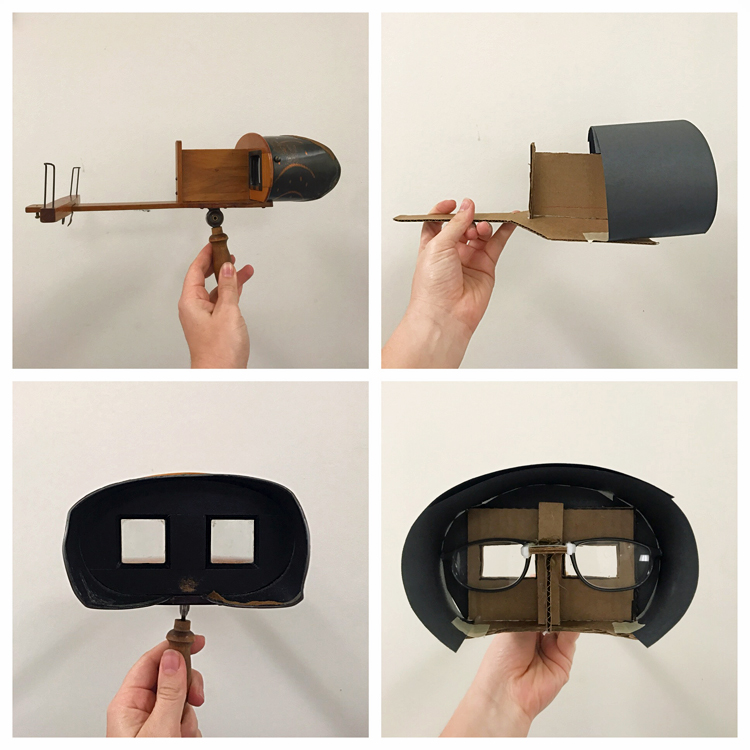 4 photos comparing a stereoscope with the homemade version. Top left and right: side views of stereoscope and homemade version, respectively. Bottom left and right: view of viewfinder for stereoscope and homemade version, respectively.