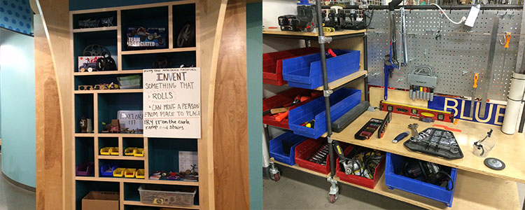 Open storage in both Spark!Lab (left) and TechShop makes tolls and materials accessible