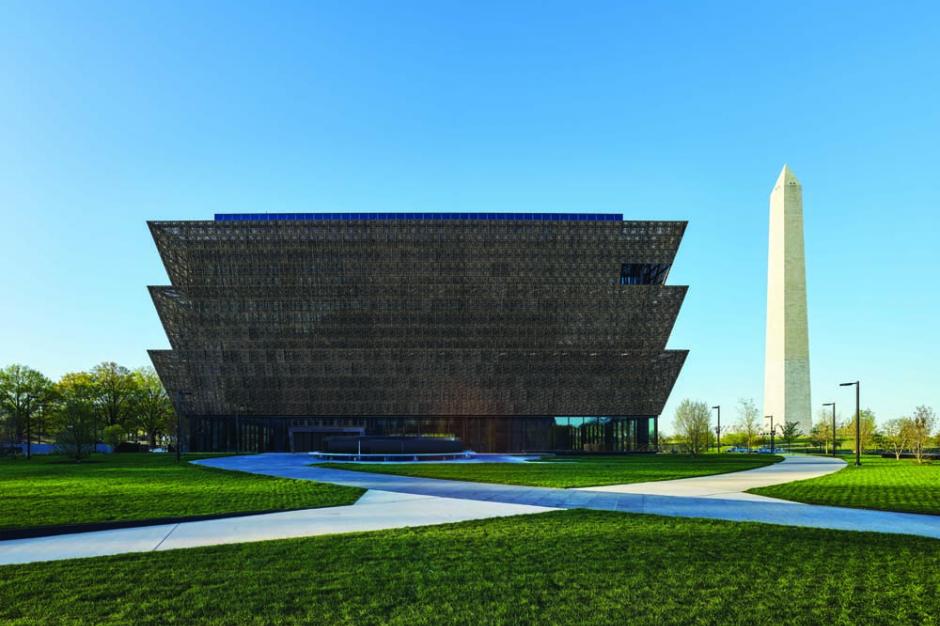 Vista of the Smithsonian’s National Museum of African American History and Culture, from Constitution Avenue, looking across the north lawn to the Washington Monument, 2016.