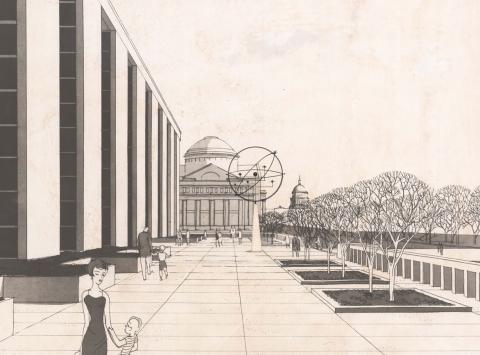 Undated rendering of Mall façade of Museum of History and Technology by architect Walker O. Cain