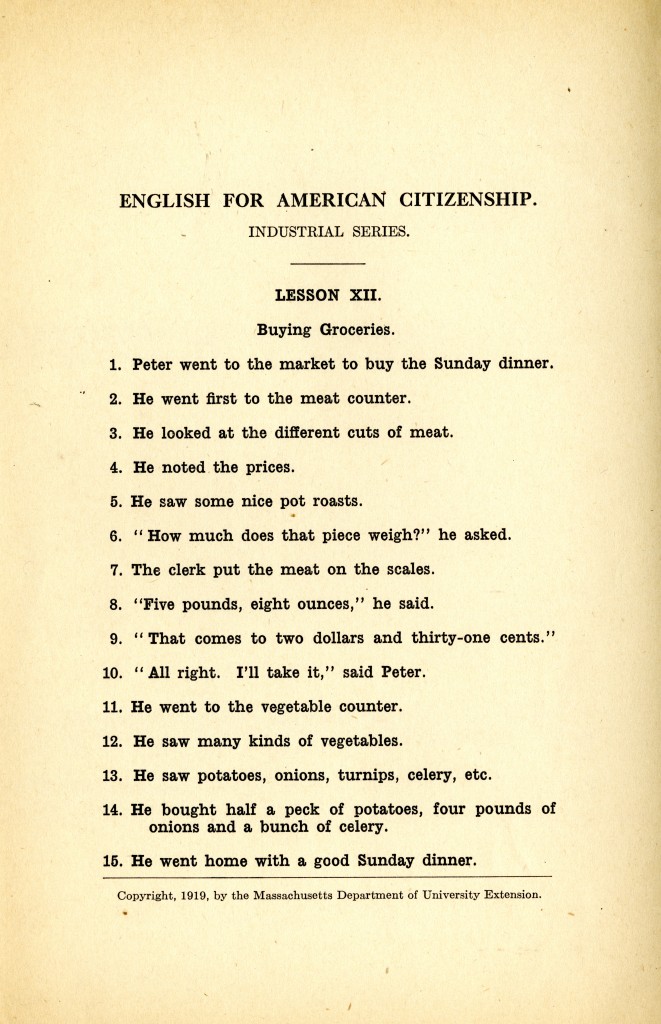 English for American Citizenship, Industrial Series, Lesson XII, Buying Groceries, 1919. 