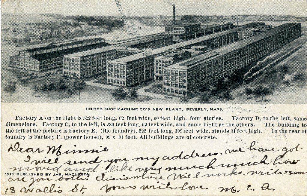 Postcard of the United Shoe Machinery new plant, Beverly, MA, 1907.