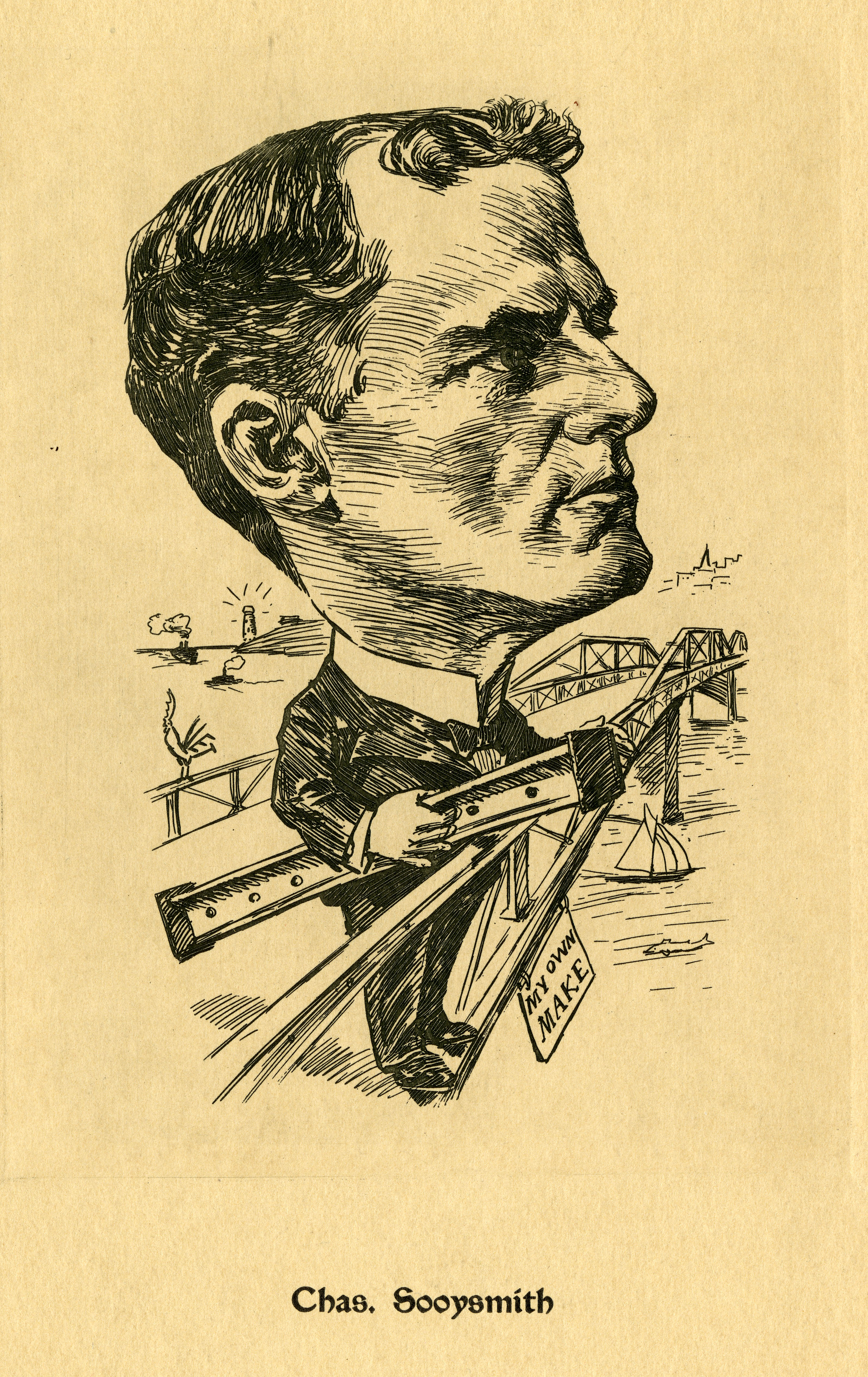 Caricature of Charles Sooysmith (1855-1916), civil engineer and bridge builder. 