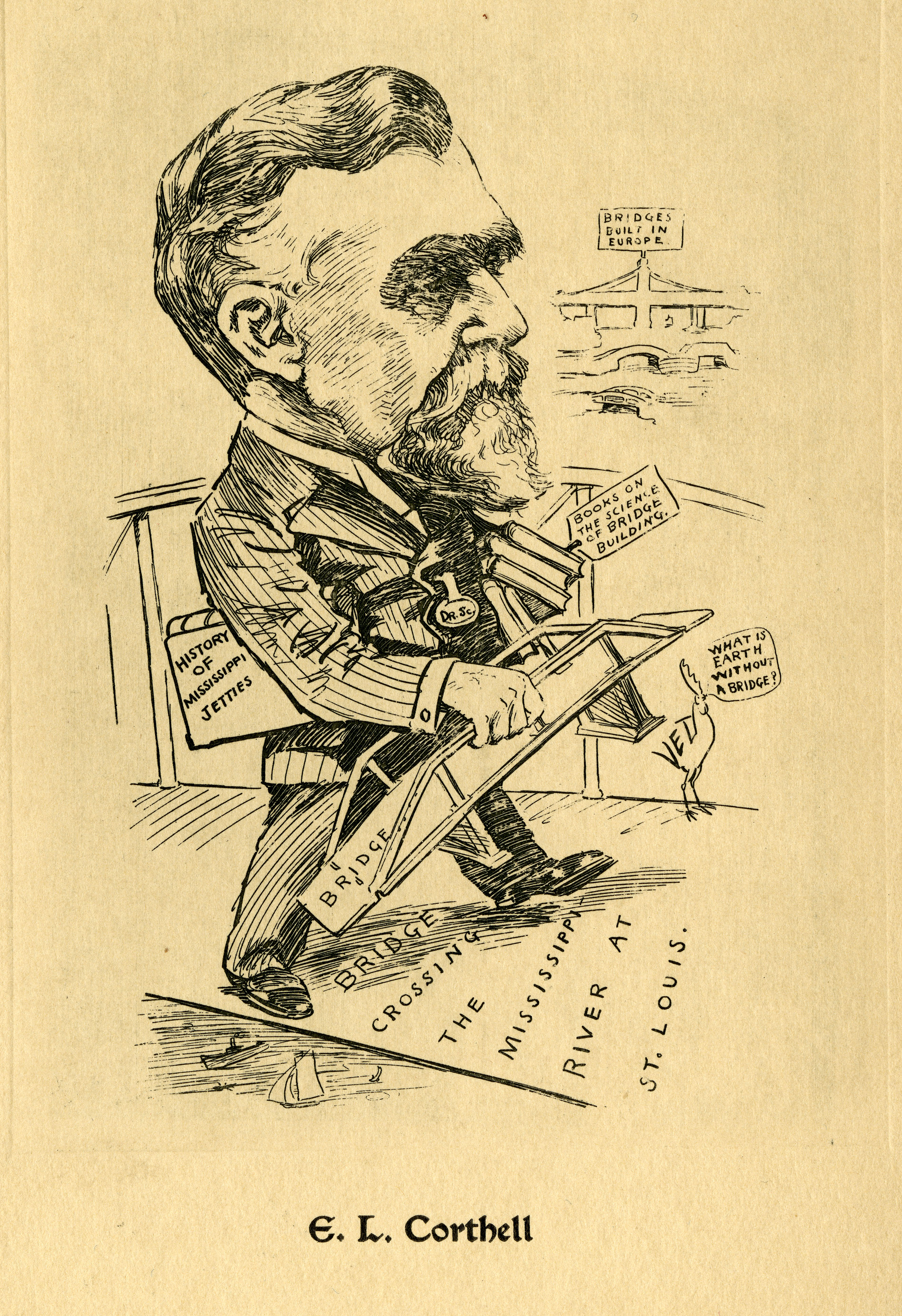 Caricature of Elmer L. Corthell (1840-1916), civil engineer and bridge builder.