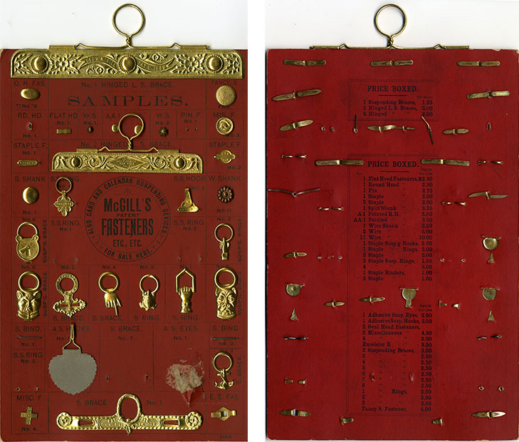 Sample card for McGill’s patent fasteners.