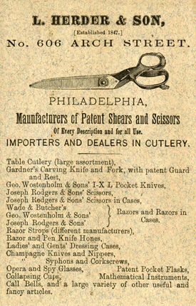Trade card, L. Herder & Son, 1876