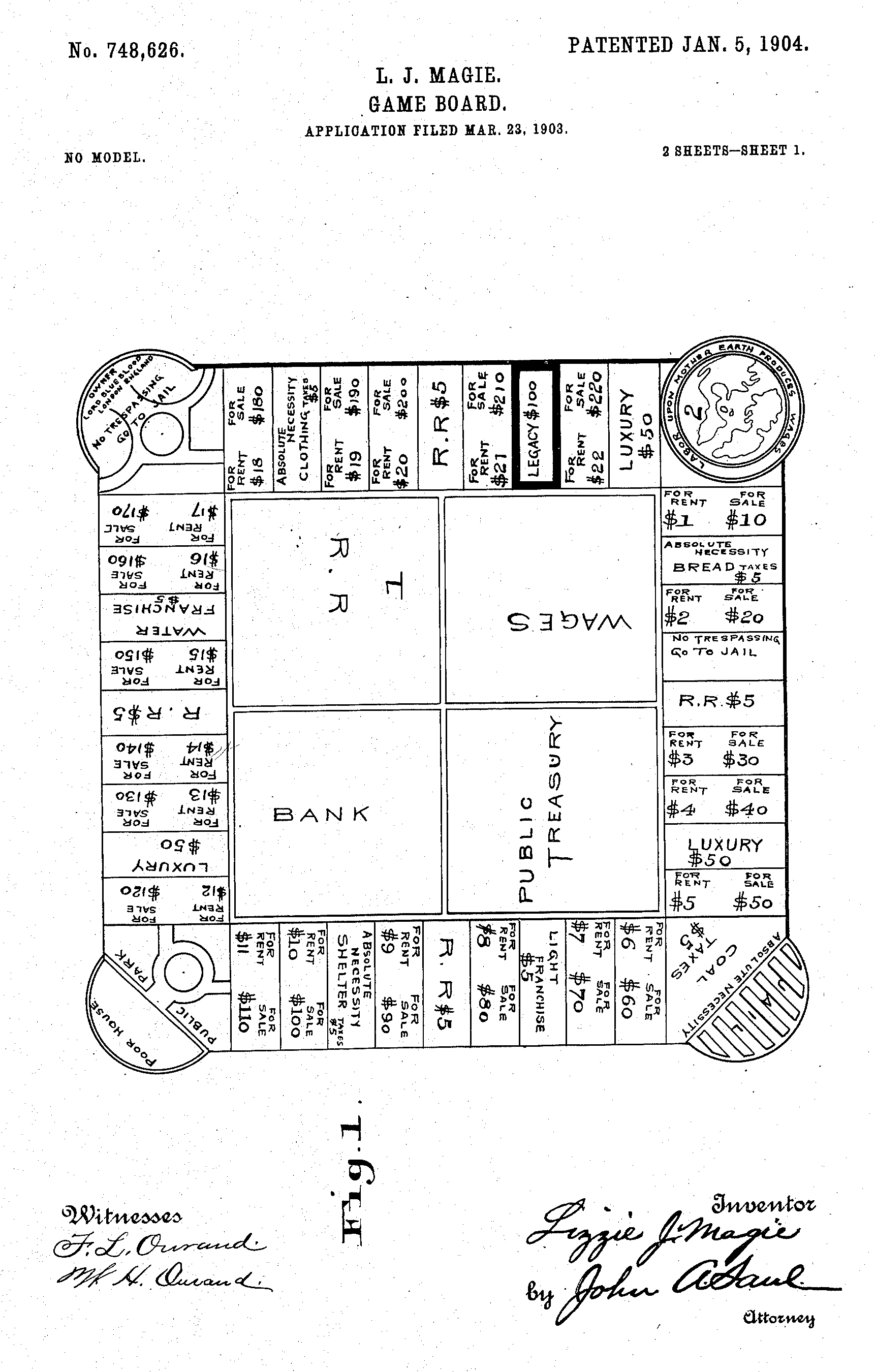 1904 Patent for "The Landlord's Game," a precursor to Monopoly.