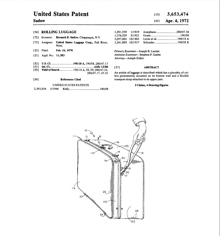 Patent for Rolling Luggage, 1972