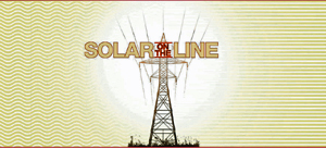 Graphic logo for Solar on the Line exhibition showing high-tension electrical tower and wire with sunlight shining behind