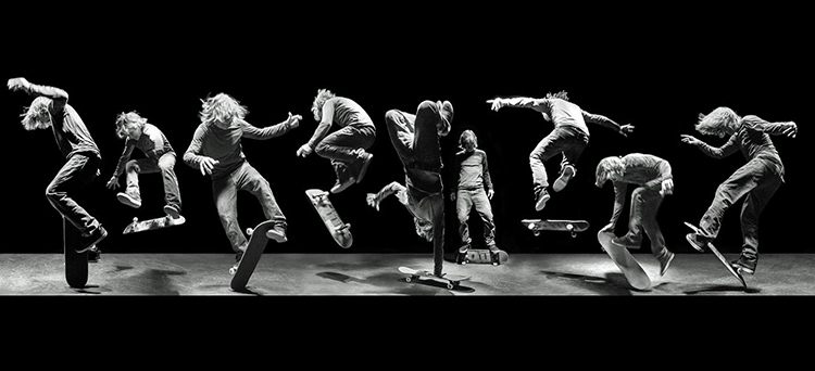 Time-lapse photo of Rodney Mullen completing a skateboard trick