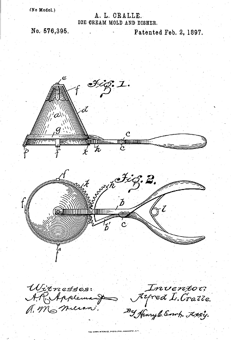 Two figures from page one of US Patent 576,395 issued in 1897 to Alfred L. Cralle for a mechanical ice cream scoop. One figure shows an pyramid-shaped scoop and the other illustrates the ratchet mechanism for getting the ice cream out of the scoop.