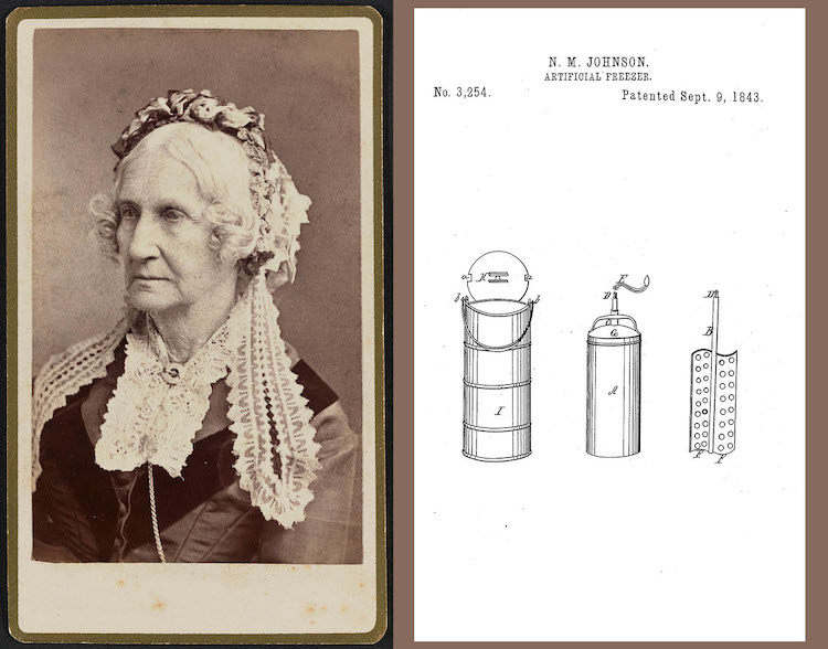 Composite image, with portrait photo of Nancy Johnson on the left and a figure from her patent showing the components of her ice cream freezer on the right.