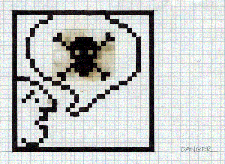 A piece of graph papers with squares inked in to depict a face in profile with a thought bubble above it. Within the thought bubble is a skull and crossbones. 