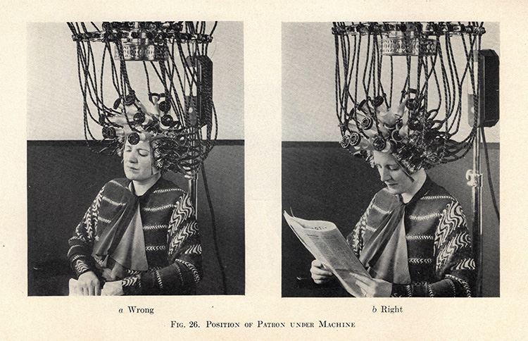 Illustration depicting a woman in two positions under a hair waving machine