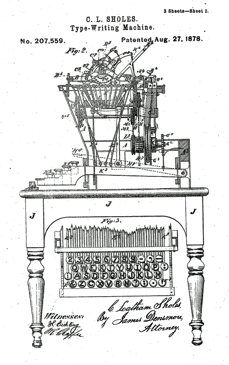 Figure 3 of Sholes US Patent 207,559 (1878) shows the now-standard QWERTY keyboard layout.