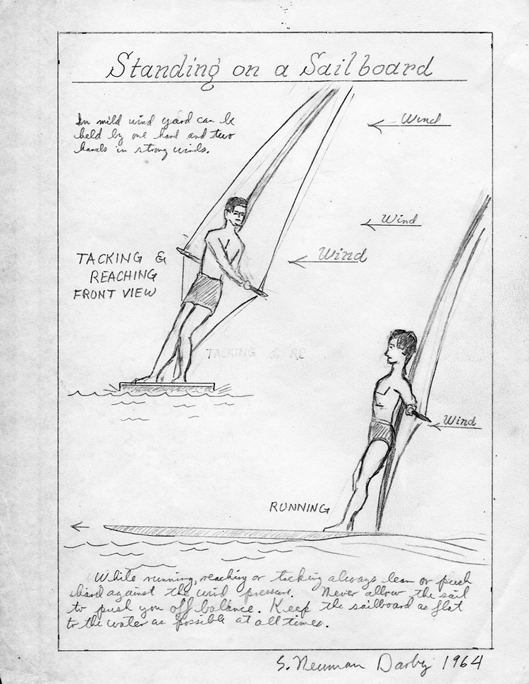 Illustration on how to stand on a sailboard, from Darbys notebook