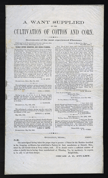 A printed advertisement with endorsements for the plow and scraper