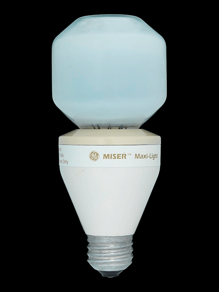Closeup image of a GE Miser Metal Halide lightbulb against a black background.