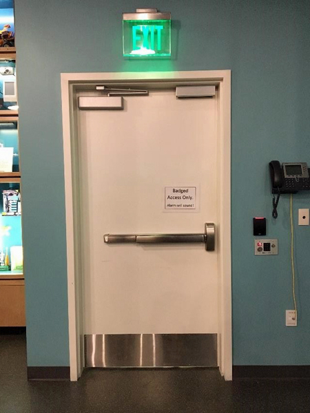 A blue wall with a white door and a green EXIT sign above the door. The door has a metal bar across it and a sign that says Badged Access Only. Alarm Will Sound.