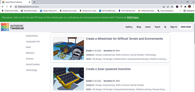 Tinkercad page screenshot showing wheelchair and solar invention activities