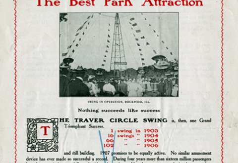 Detail of Print ad for the Traver Circle Swing, “The Best Park Attraction,” includes a photo of the swing tower in operation in Rockford, Illinois.